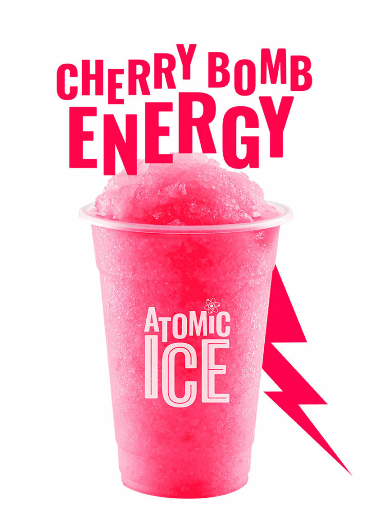 Atomic Ice slush in a branded cup in the flavour Cherry Bomb Energy