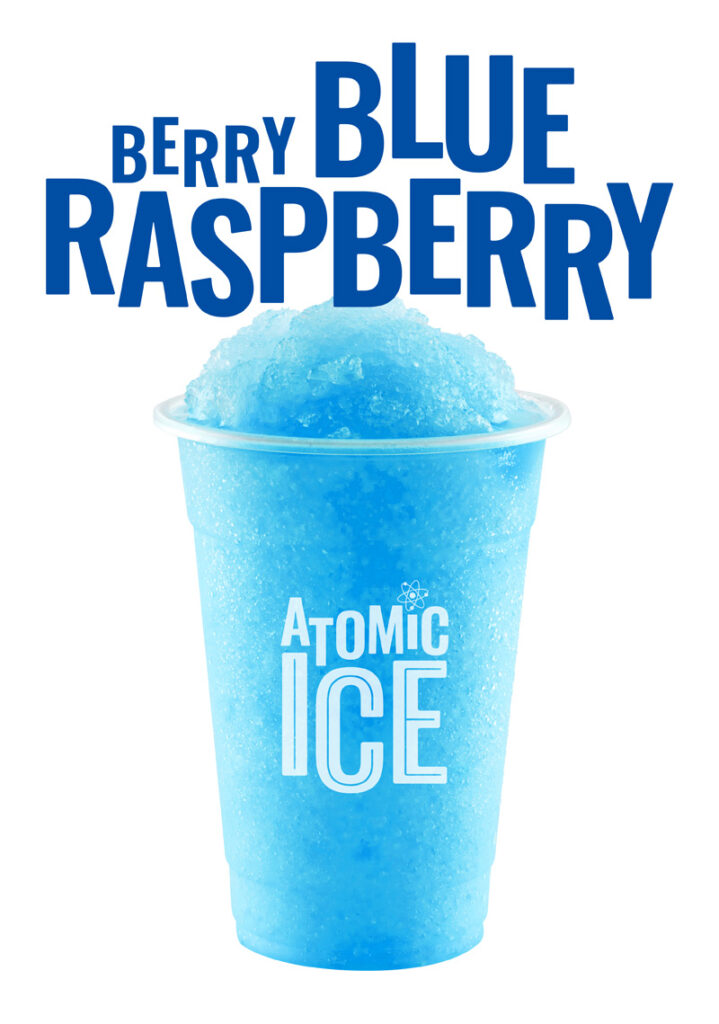 Atomic Ice slush in a branded cup in the flavour Berry Blue Raspberry