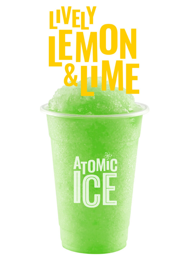 Atomic Ice slush in a branded cup in the flavour Lively Lemon & Lime