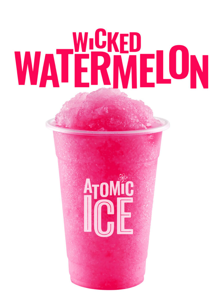Atomic Ice slush in a branded cup in the flavour Wicked Watermelon