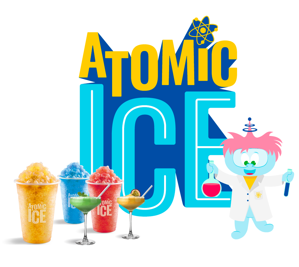 Full colour Atomic Ice logo with the Professor, Atomic ice slush in plastic cups and Atomic Ice mocktails in cocktail glasses