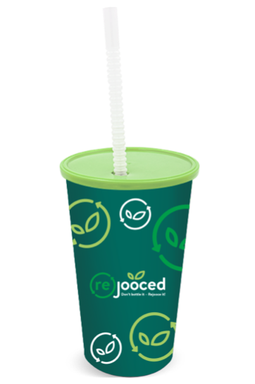 3D rendering of Rejooced drink in a branded cup with straw