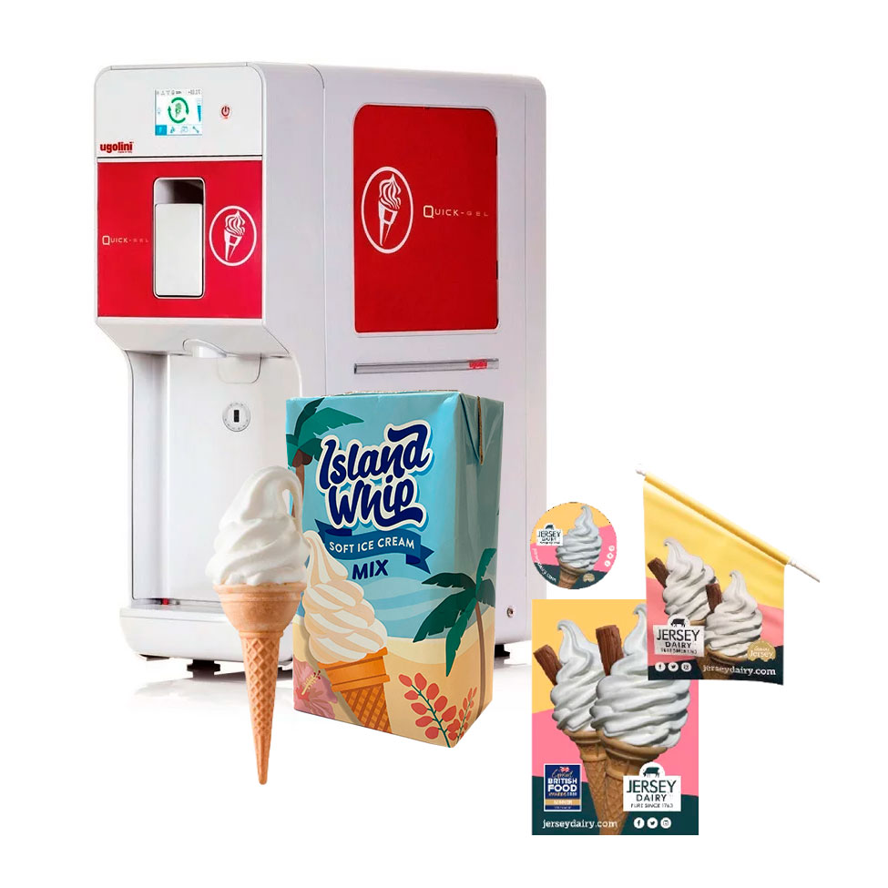 Ice cream bundle that include the Ugolini QUICK-GEL Commercial Soft Serve Ice Cream Machine, High Volume 6 Litre Capacity, Island whip ice cream mix, and branded Dairy Jersey point of sales material